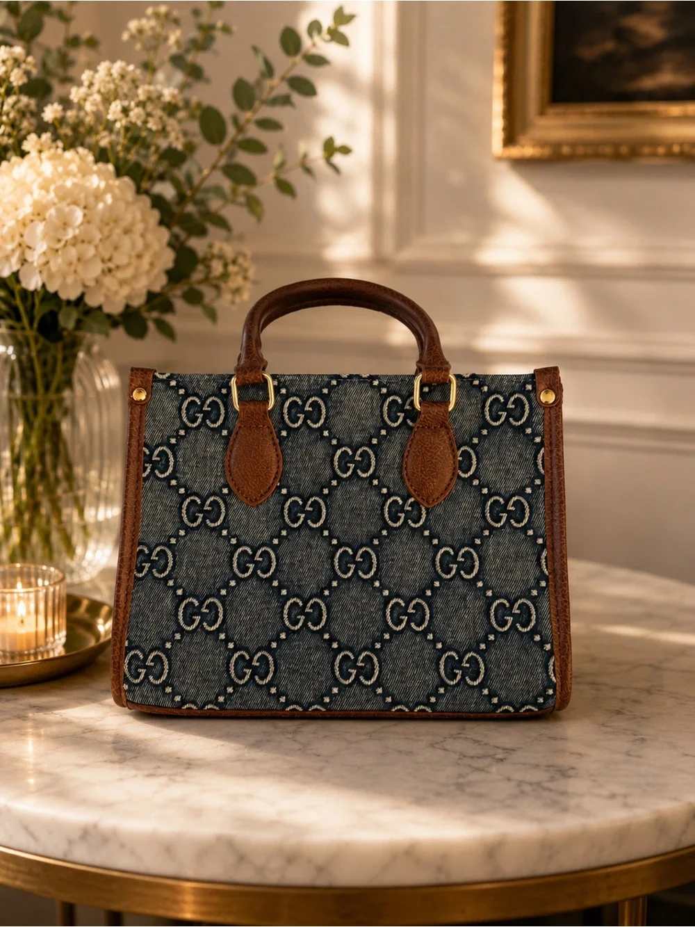 Blue Denim G G Top-Handle Bag with Brown Leather Trim